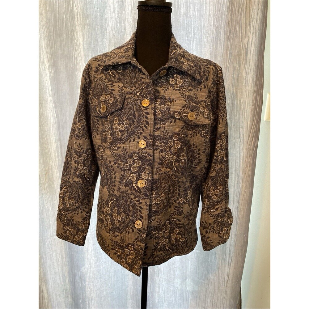 VTG J Bee Womans Jacket L Oversized Blue Button Up Floral Cottagecore Tapestry